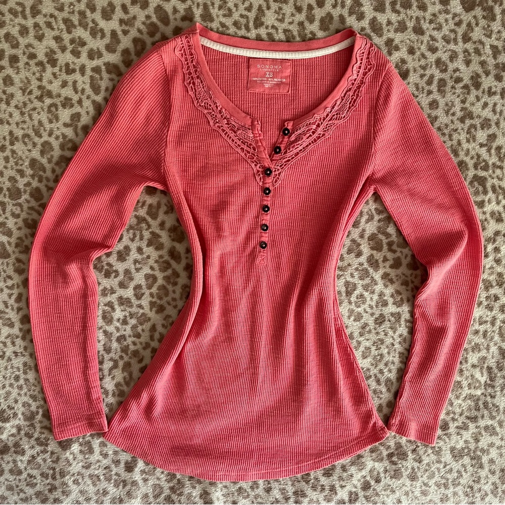 Pink Henley Fitted Long Sleeve Blouse